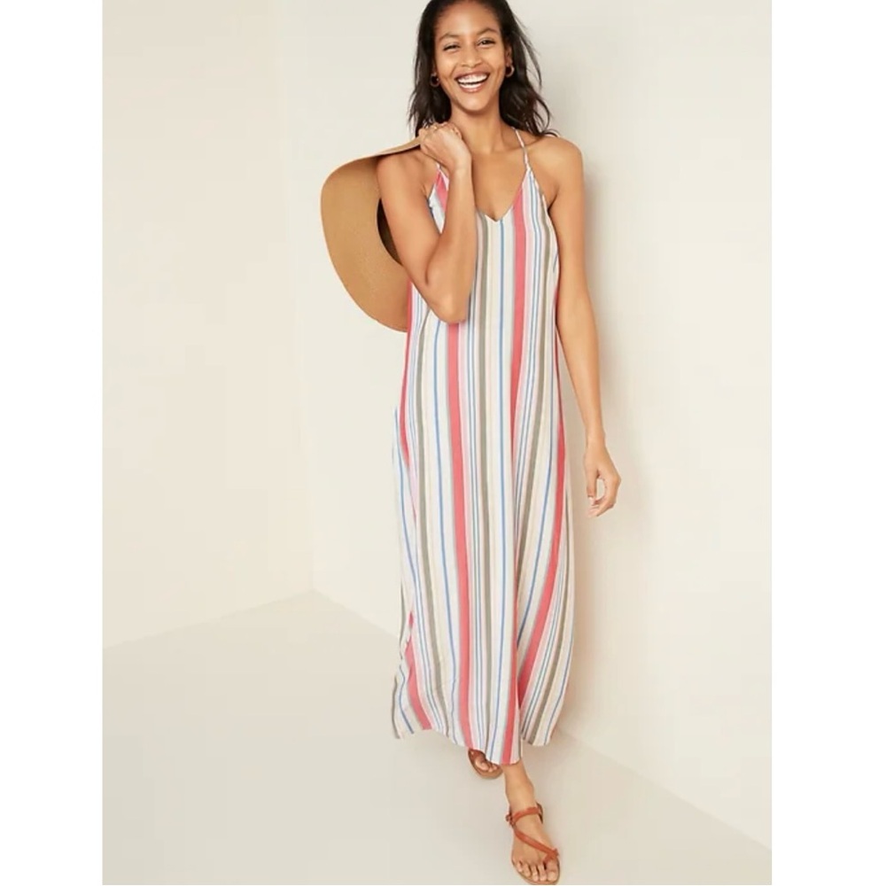Old Navy Maxi Dress Striped cream rainbow Boho Chic Lagenlook Beachy NWT sz L